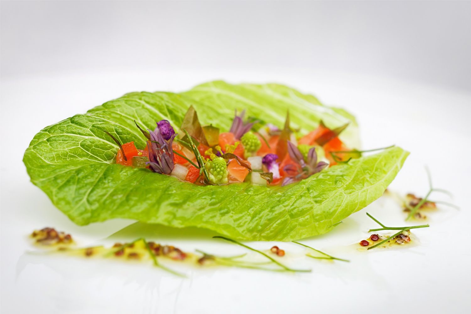 Tartare de saumon et légumes croquants, vinaigrette d’algues à la moutarde ancienne